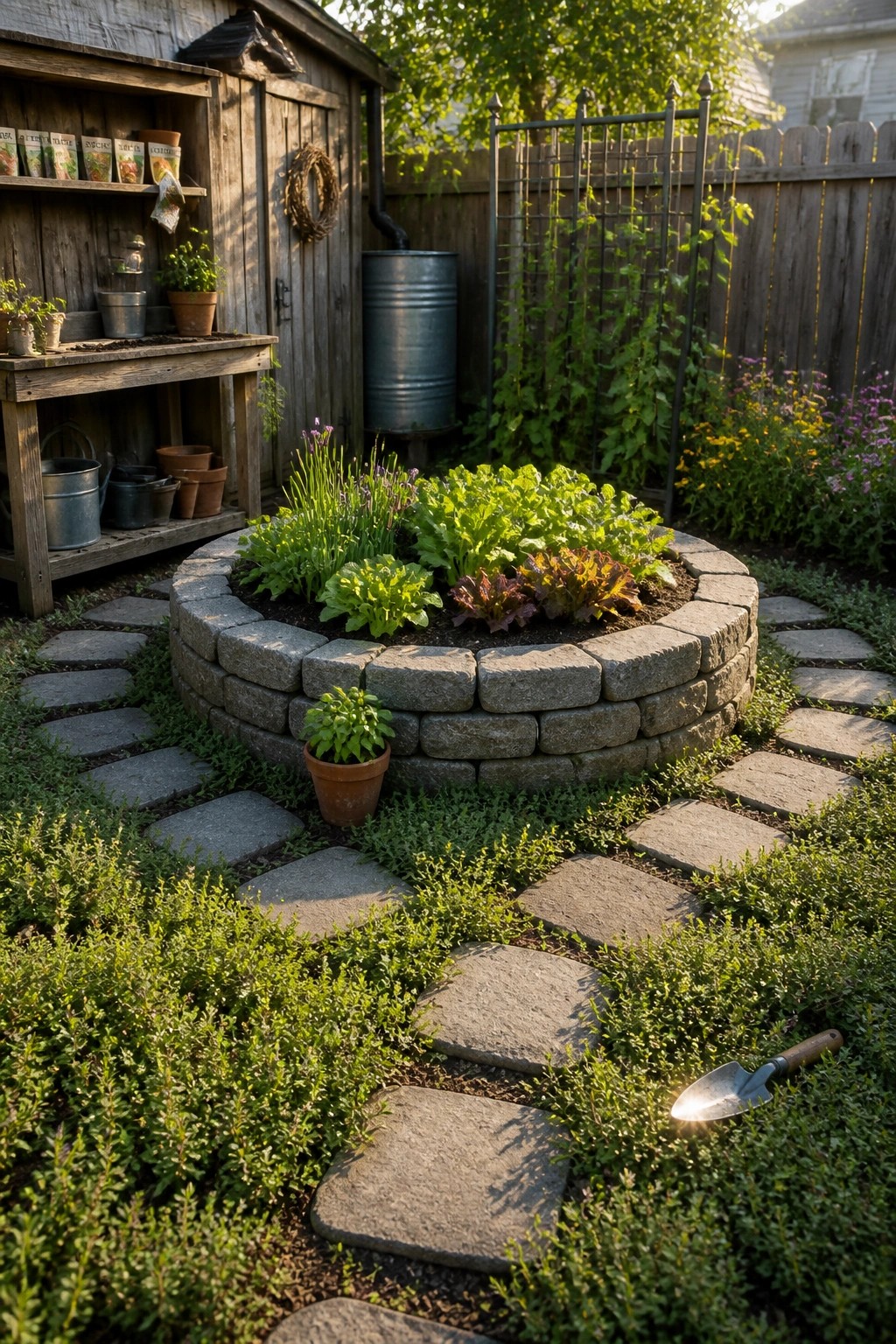 A circular raised stone garden bed with leafy greens sits in a backyard surrounded by stone pavers, with a wooden shed and metal rain barrel visible behind it.