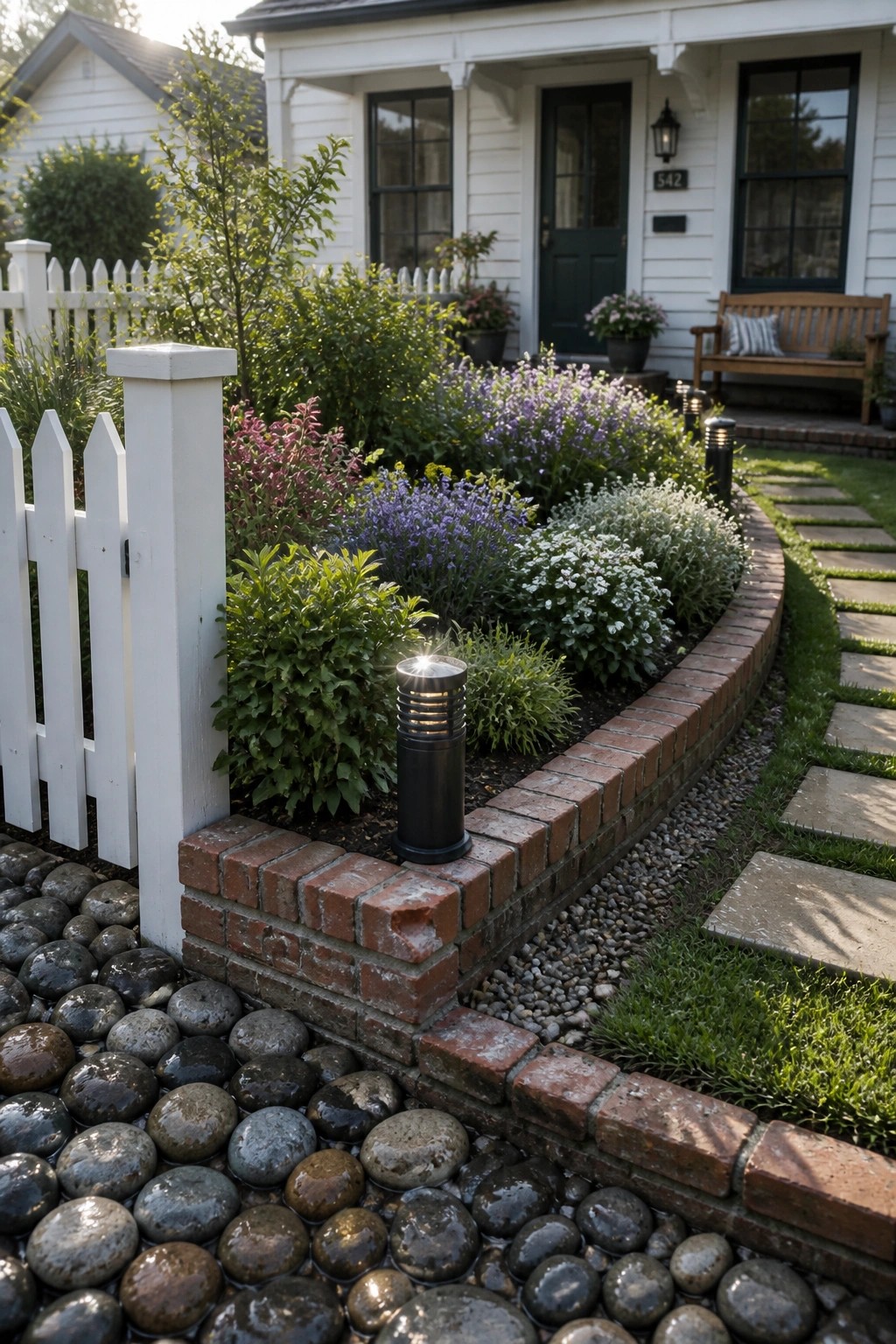 Lush flower garden with brick border, lit lamp, and stone path by white house.