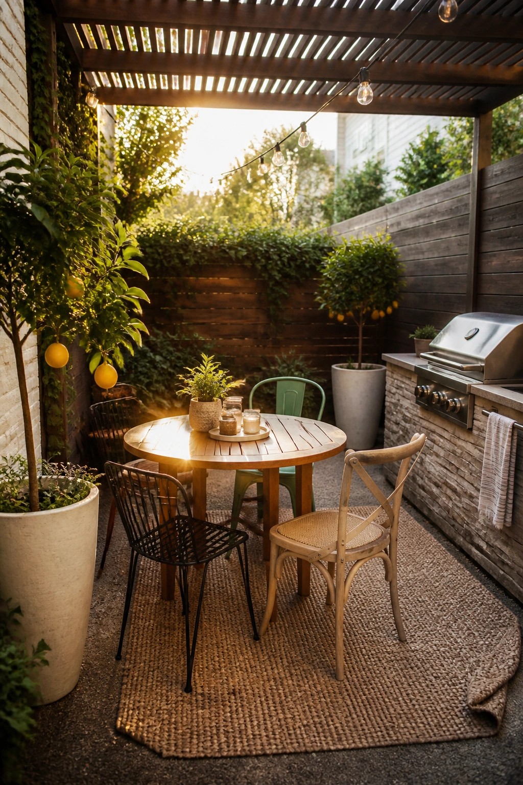 A compact outdoor patio featuring a round wooden table with mixed chairs arranged on a large woven rug, potted plants along the edges, and a built-in grill station to the side.