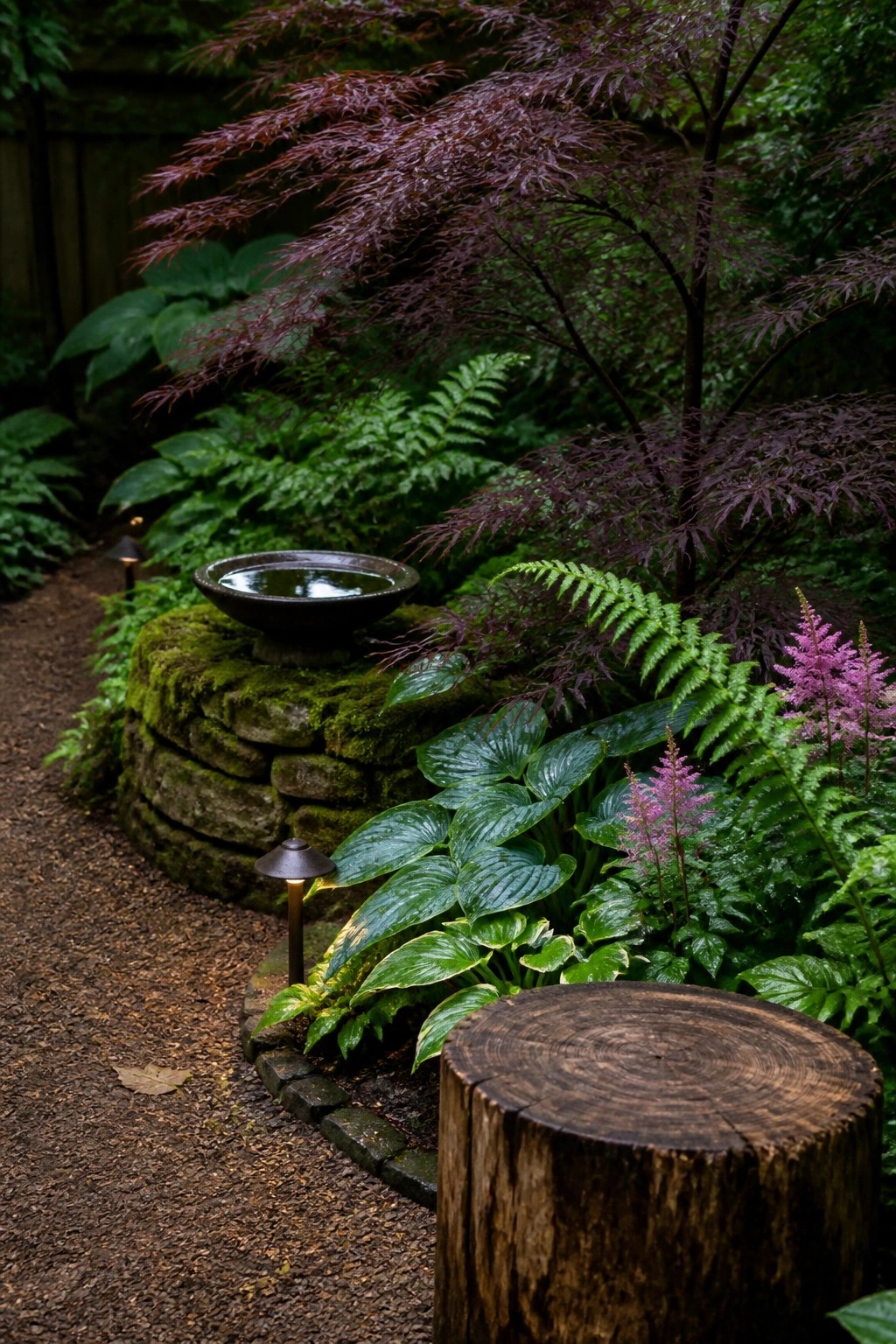 Mossy stone wall with water bowl amid ferns, hostas, and purple foliage in garden