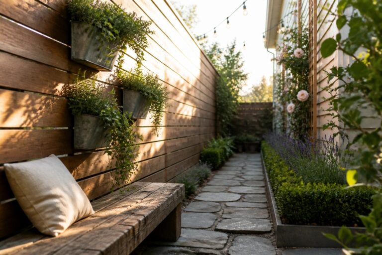 18 Clever Small Garden Layout Ideas for Tight Yards and Awkward Corners A narrow stone path runs beside a wooden fence lined with rectangular metal planters filled with trailing greenery and a wooden bench with a cushion at the near end.