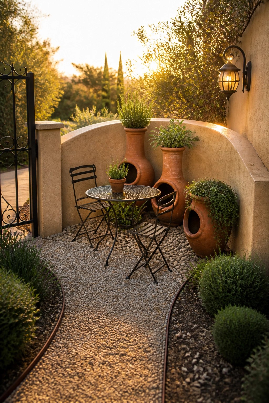 A small round table with two folding chairs sits on gravel in a corner formed by a curved stucco wall, with several large terracotta pots holding plants nearby.