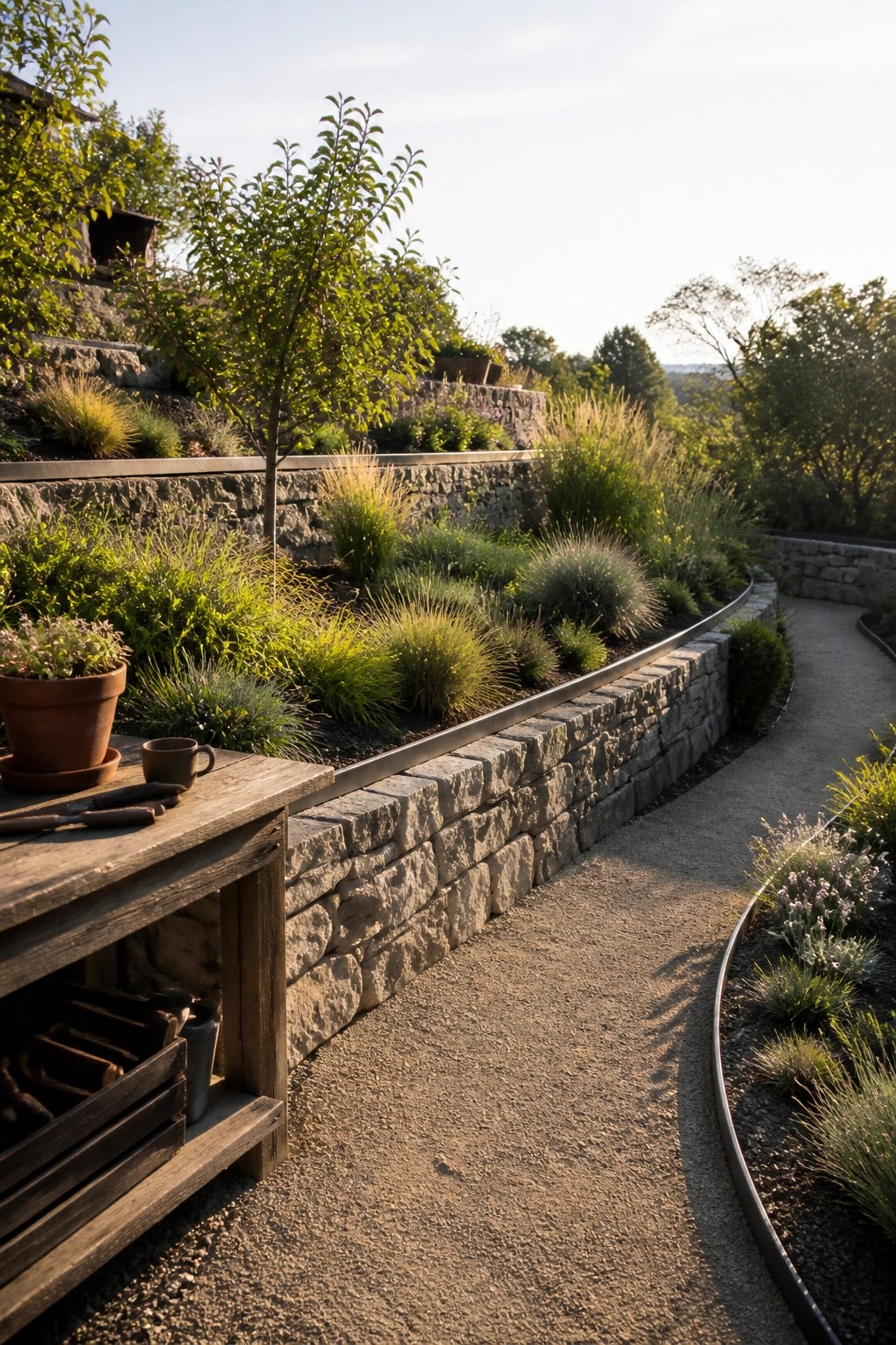 A gravel garden path curves alongside low stone retaining walls filled with layered shrubs and grasses, with a wooden workbench in the foreground.