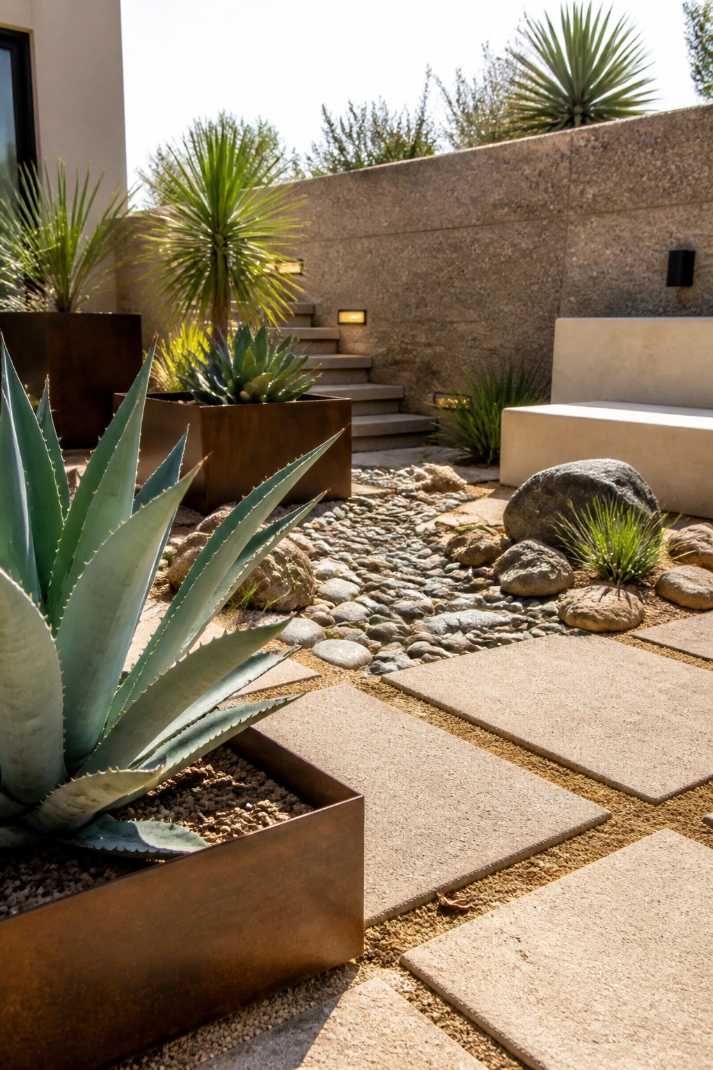 A garden path of large rectangular pavers set into gravel, with metal planters holding agave plants and scattered rocks along the edges.