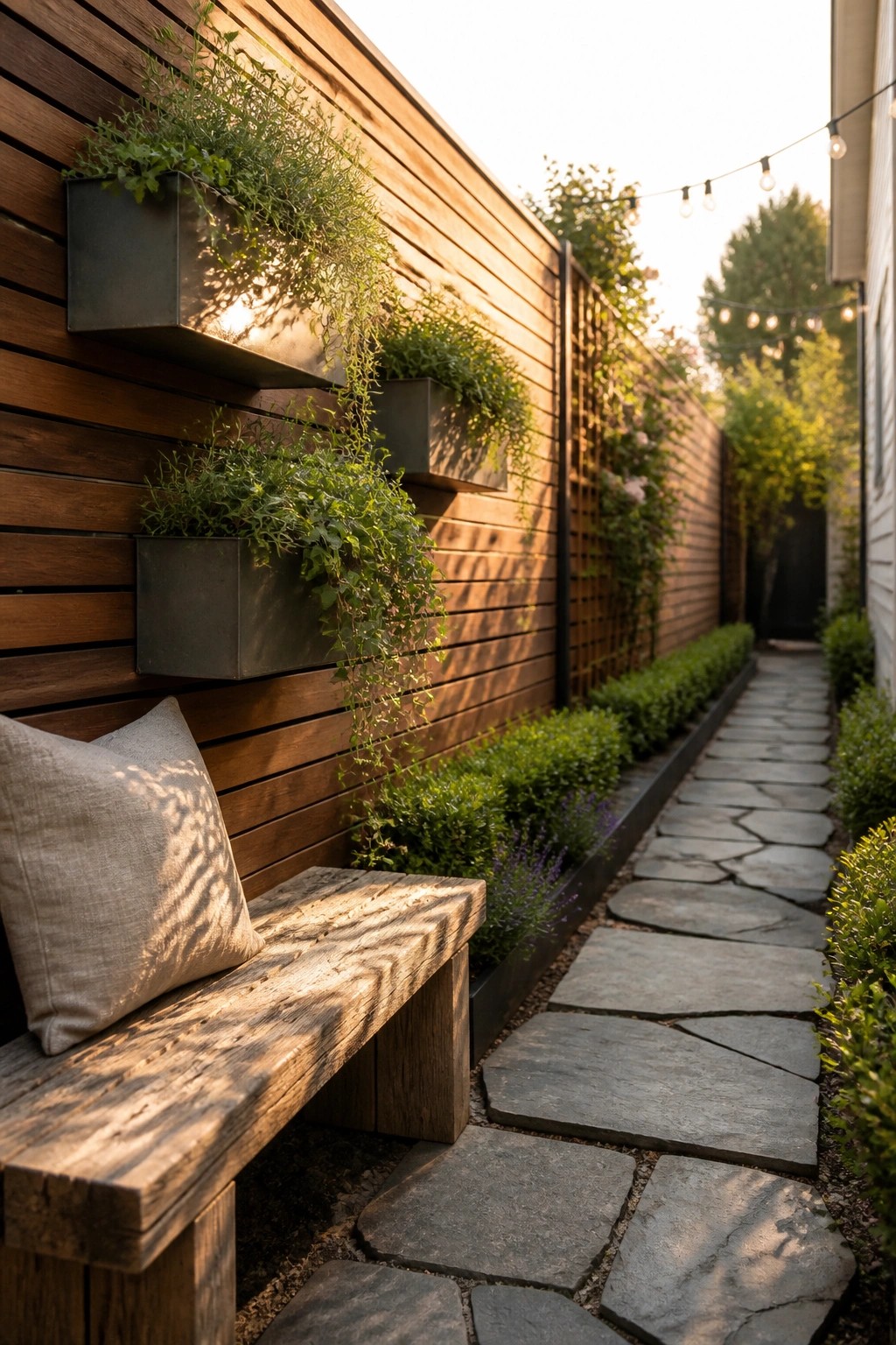 A narrow stone path runs beside a wooden fence lined with rectangular metal planters filled with trailing greenery and a wooden bench with a cushion at the near end.