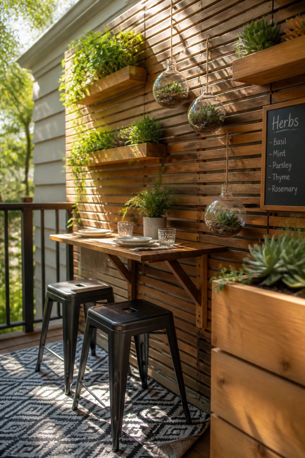 A small balcony features a fold-down wooden table with two black stools, wall-mounted wooden planters, hanging glass terrariums with succulents, and a chalkboard herb list on a horizontal wood slat wall.