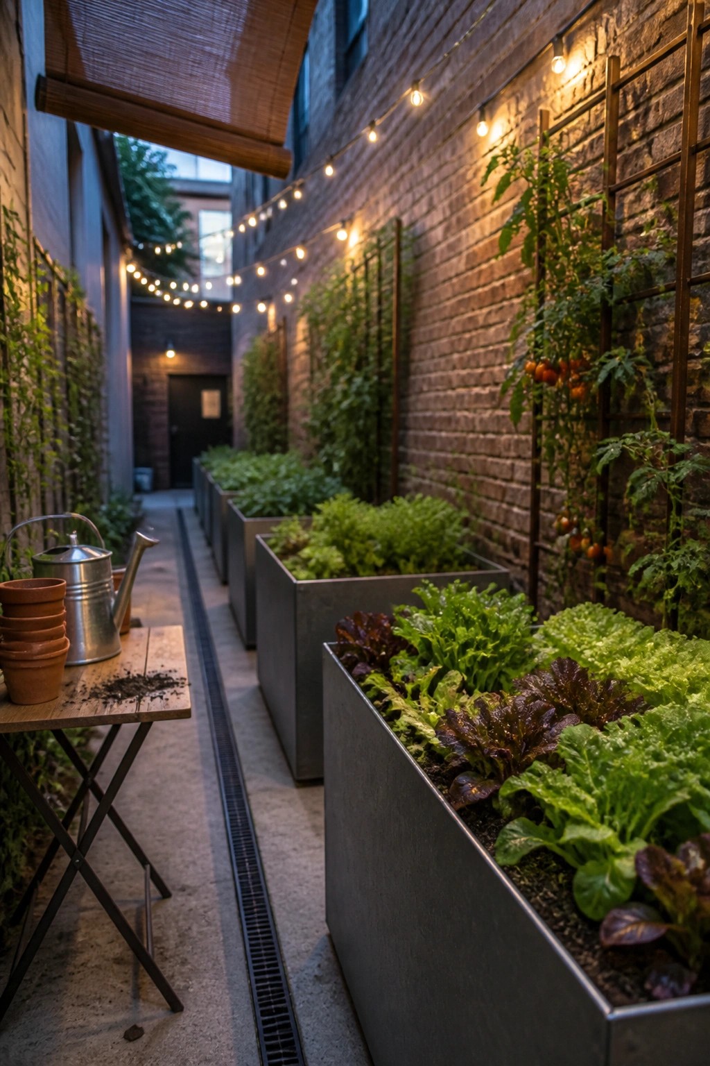 Narrow brick alley with raised planters of greens, tomatoes, and glowing string lights