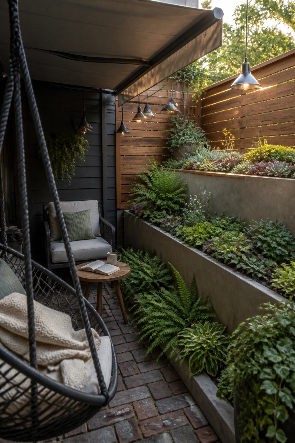 A narrow brick patio with a hanging chair, an armchair, a small round table, and a long raised concrete planter filled with ferns and succulents running along a wooden fence.