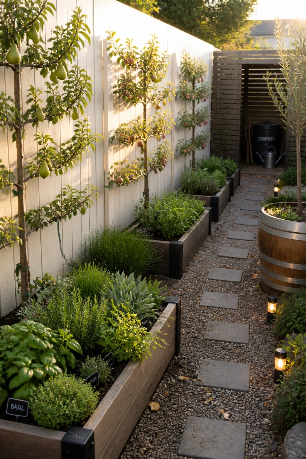 A narrow gravel garden path with concrete stepping stones runs between wooden raised beds filled with herbs and small fruit trees trained against a white fence.