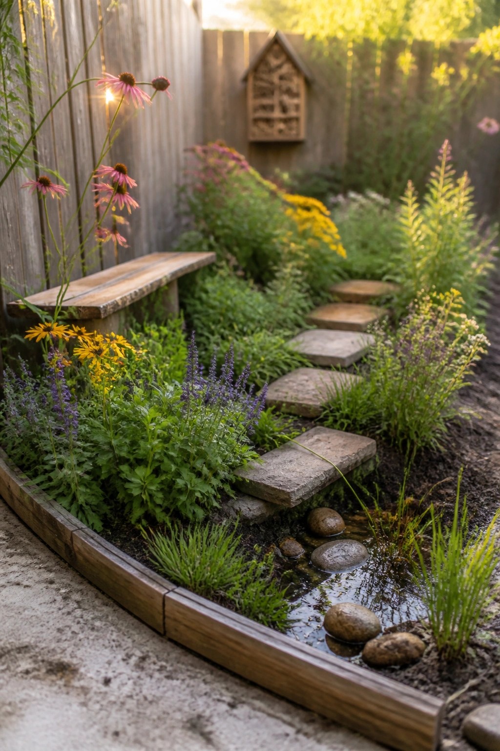 A narrow garden bed with wooden edging, stepping stones, flowers, and a small water feature along a fence.