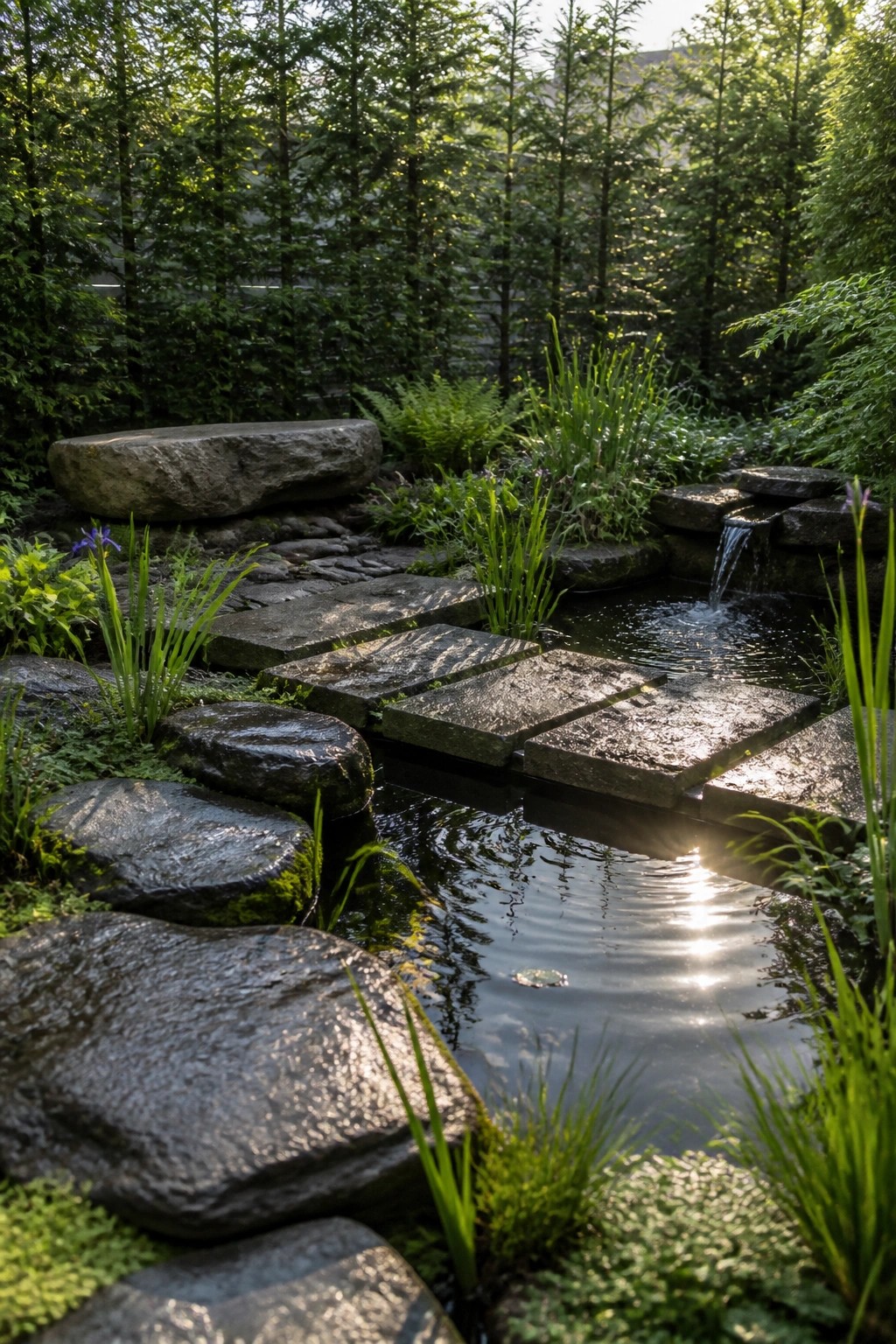 A small garden pond crossed by large flat stepping stones, with rocks, grasses, and trees along the edges.