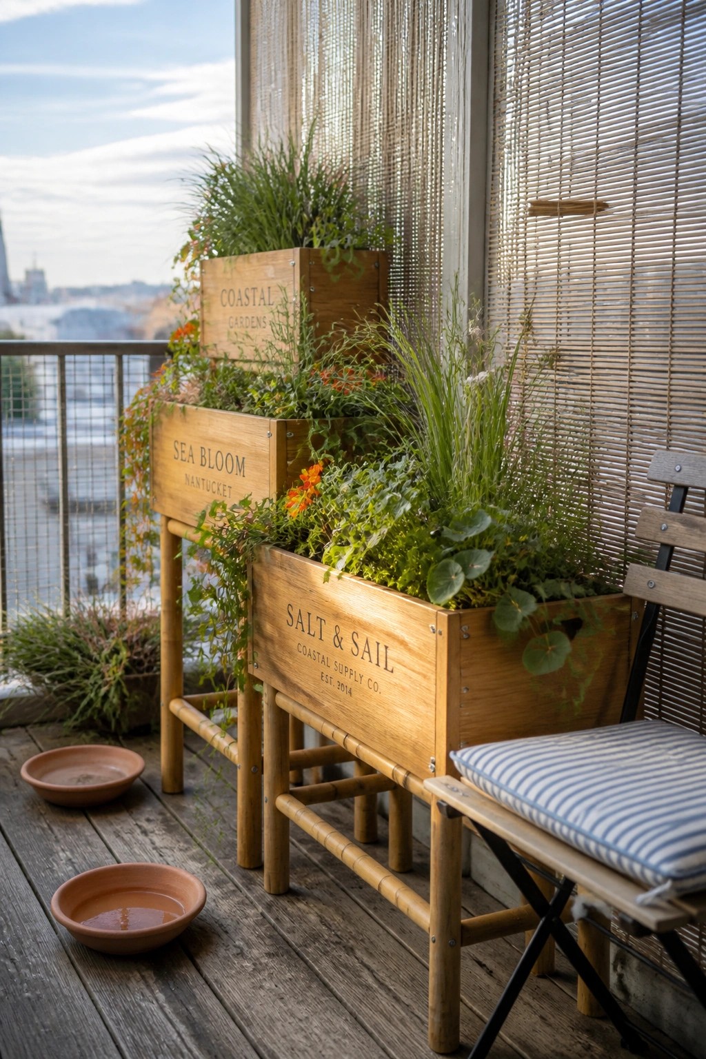 Wooden planters with greenery beside a striped-cushion chair on a wooden balcony deck