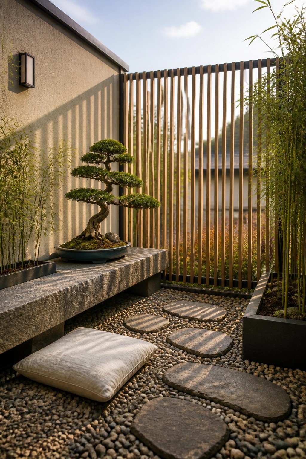 A small outdoor patio features a stone bench holding a bonsai tree, a cushion on gravel, and stepping stones leading past a wooden slat screen.