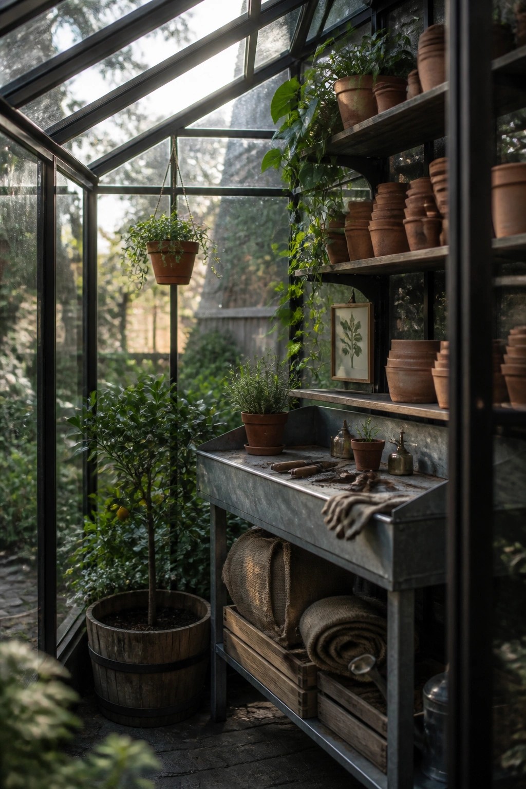 Greenhouse interior showing open wooden shelves filled with terracotta pots above a metal potting bench, with plants and supplies arranged below.