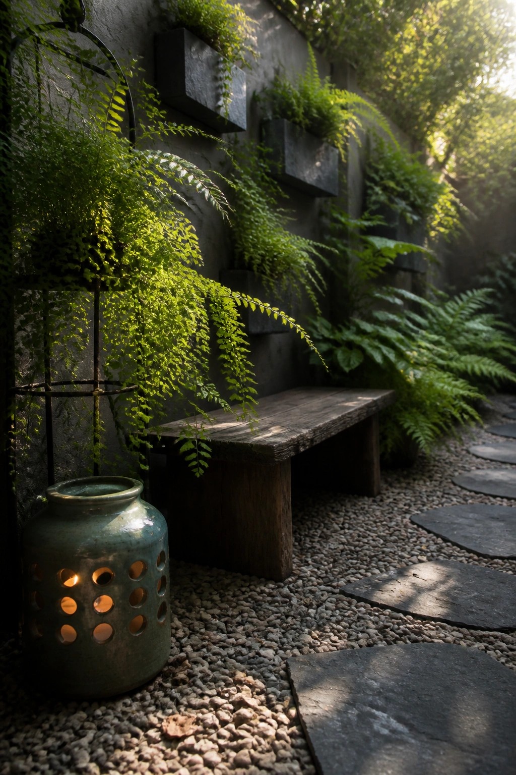 A narrow outdoor path with gravel and stepping stones runs beside a concrete wall fitted with black rectangular planters holding ferns, next to a wooden bench and a ceramic lantern on the ground.