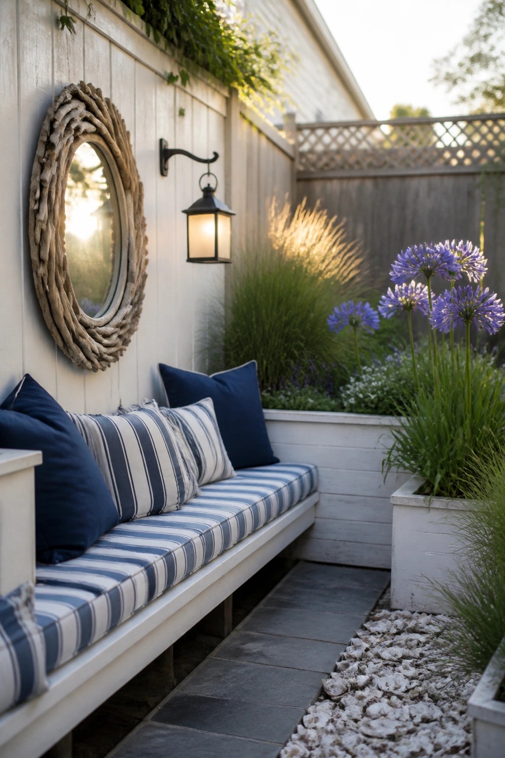 White bench with striped cushions beside driftwood mirror, lantern, and purple flowers.
