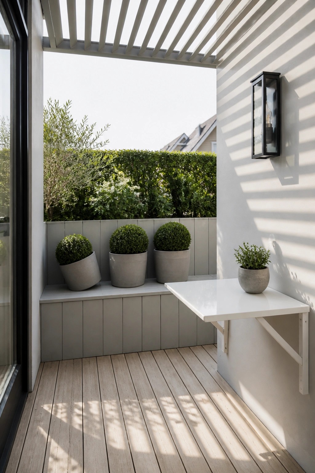 A narrow patio with light wood decking shows a built-in gray bench holding three large round potted shrubs, a white fold-down table on wall brackets, and a black lantern above it.
