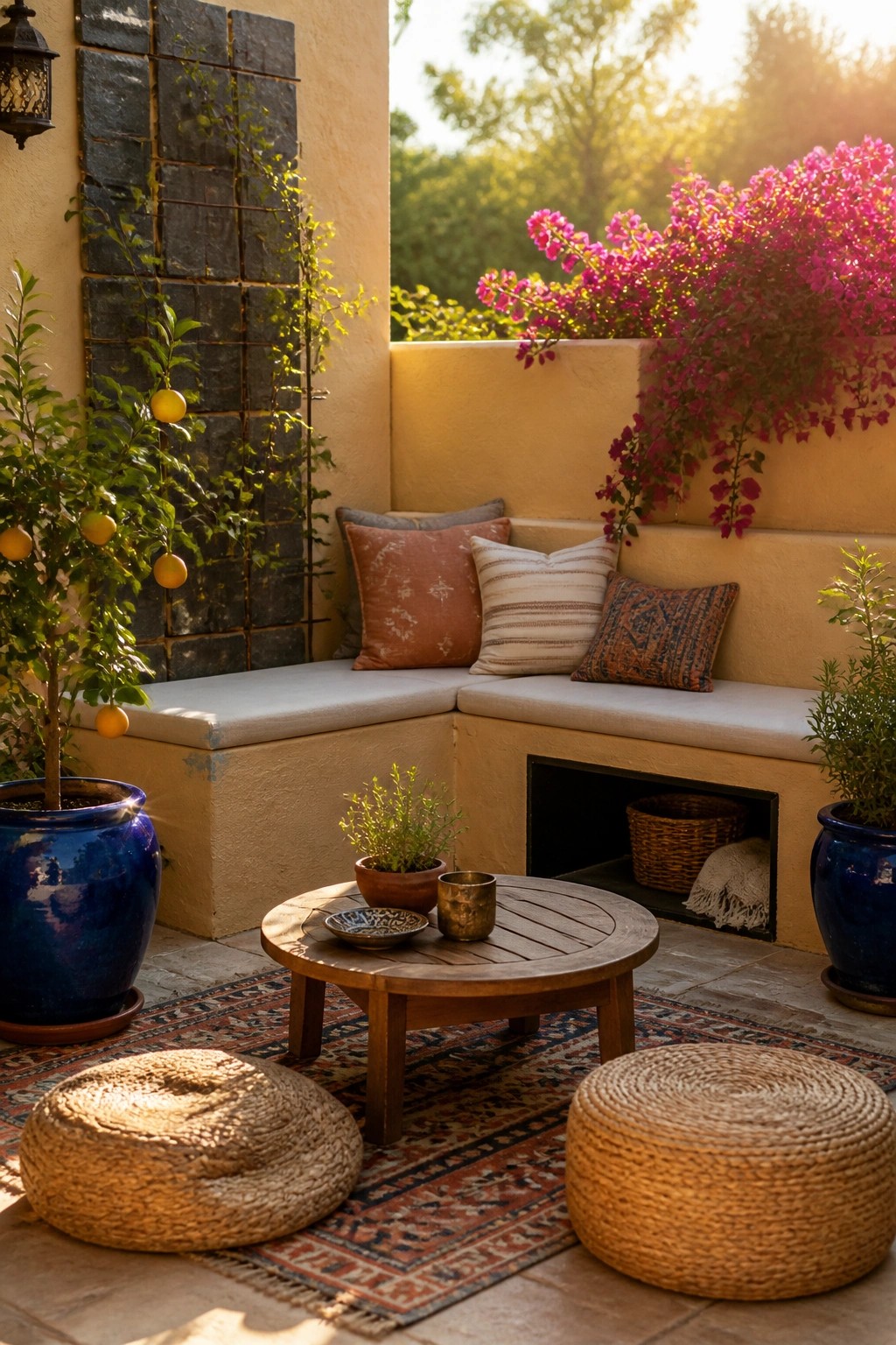 A compact outdoor patio features an L-shaped built-in bench with cushions, a round wooden coffee table, two woven floor poufs on a patterned rug, and several potted plants including citrus trees and bougainvillea against warm stucco walls.