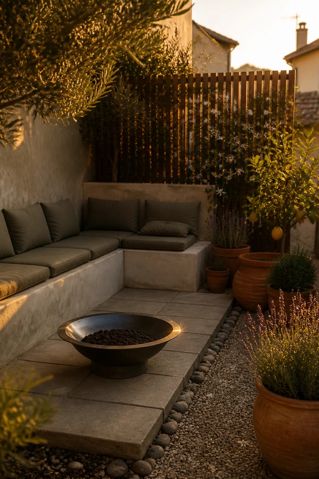 Cozy stone patio with built-in bench, fire pit, and terracotta planters at sunset