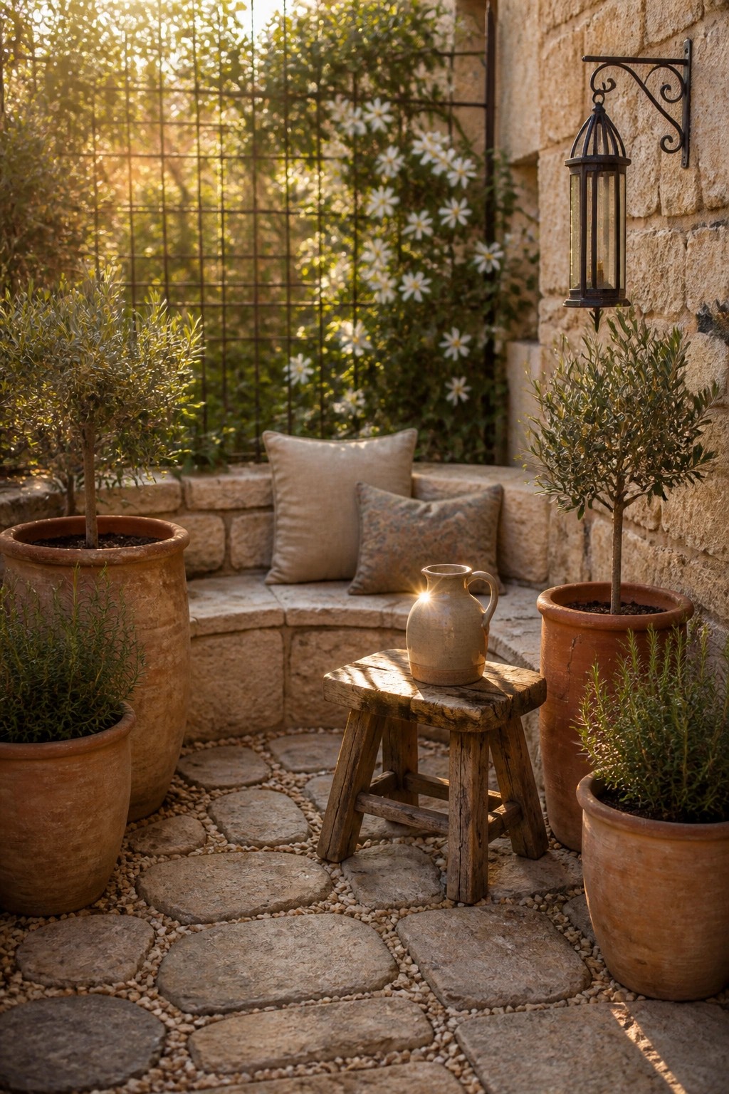 A compact stone patio corner with terracotta pots holding small trees and herbs, a rustic wooden stool with a ceramic jug, and a low stone bench with cushions against a wall.