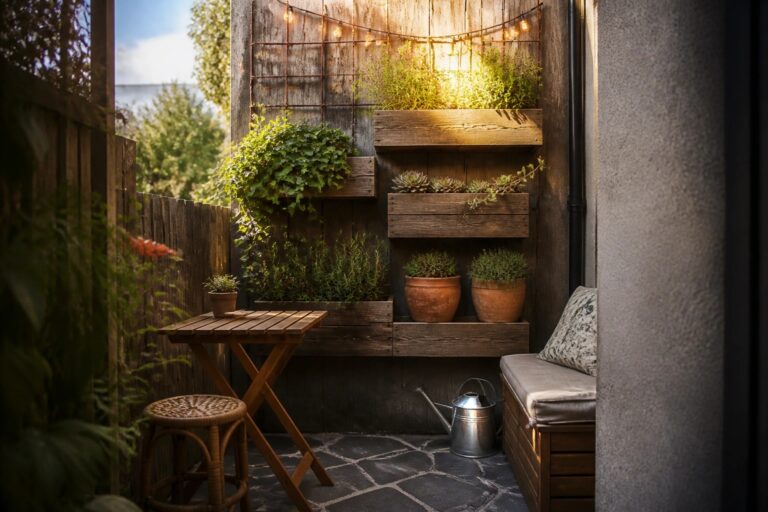 19 Clever Small Patio Garden Ideas for Tight Corners and Compact Outdoor Zones A compact outdoor patio corner features several wooden planters mounted on a weathered wood wall holding succulents and vines, with a small folding table, woven stool, built-in bench, and string lights.