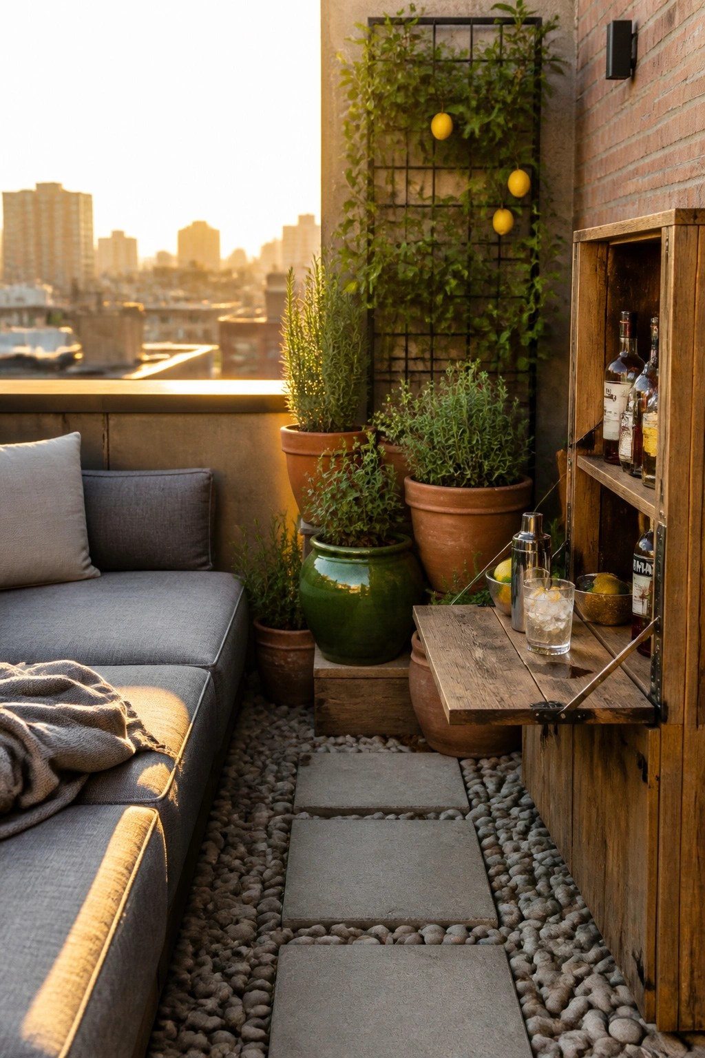 A compact urban patio with a gray sectional sofa, gravel ground cover, concrete stepping stones, potted plants, a vertical trellis, and a wooden wall cabinet with a fold-out bar shelf holding drinks and bottles.