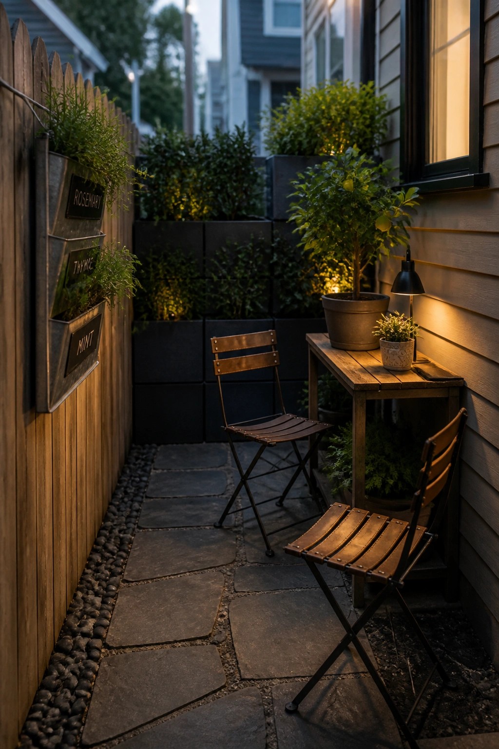 Narrow stone patio with folding chairs, wooden table, lamp, and herb planters at dusk.