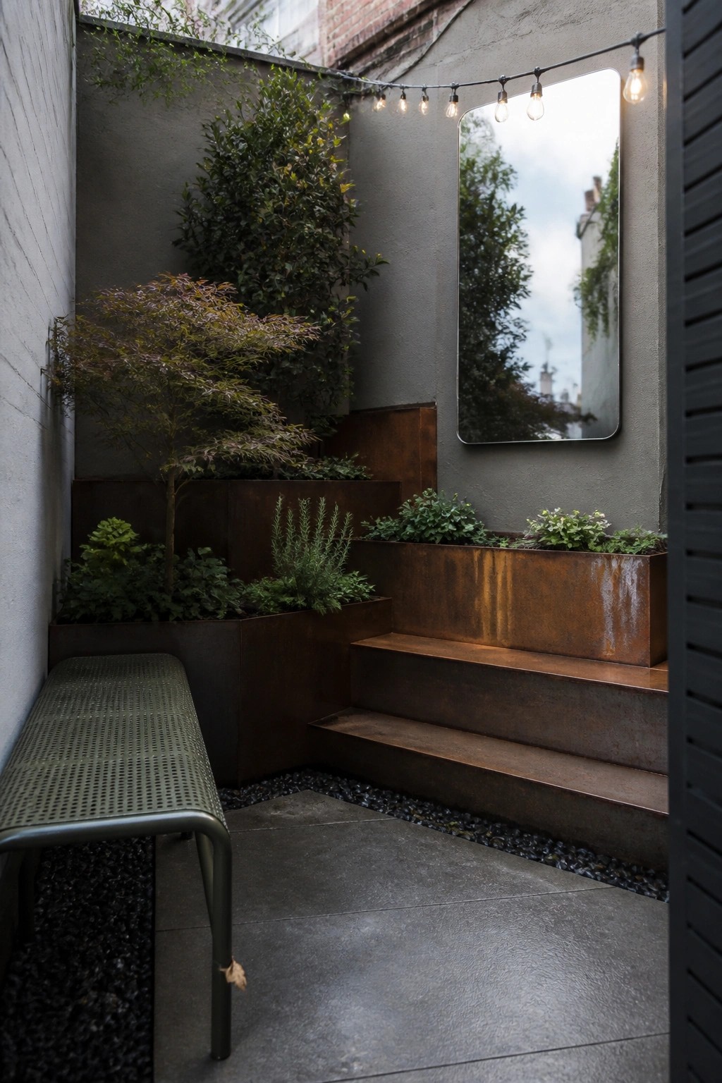 Modern courtyard with green bench, rusty planters, steps, mirror, and string lights
