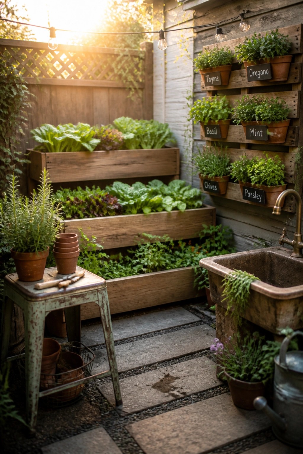 A compact garden corner shows wooden raised beds with greens, a vertical pallet on the wall holding labeled herb pots, a stone utility sink, and a stone path.