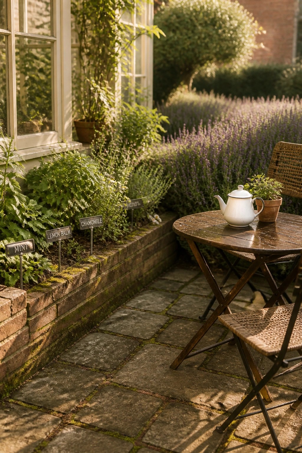 A stone patio beside a low brick garden bed with labeled herb plants including mint, lemon balm, and chamomile, next to a wooden table and chairs.