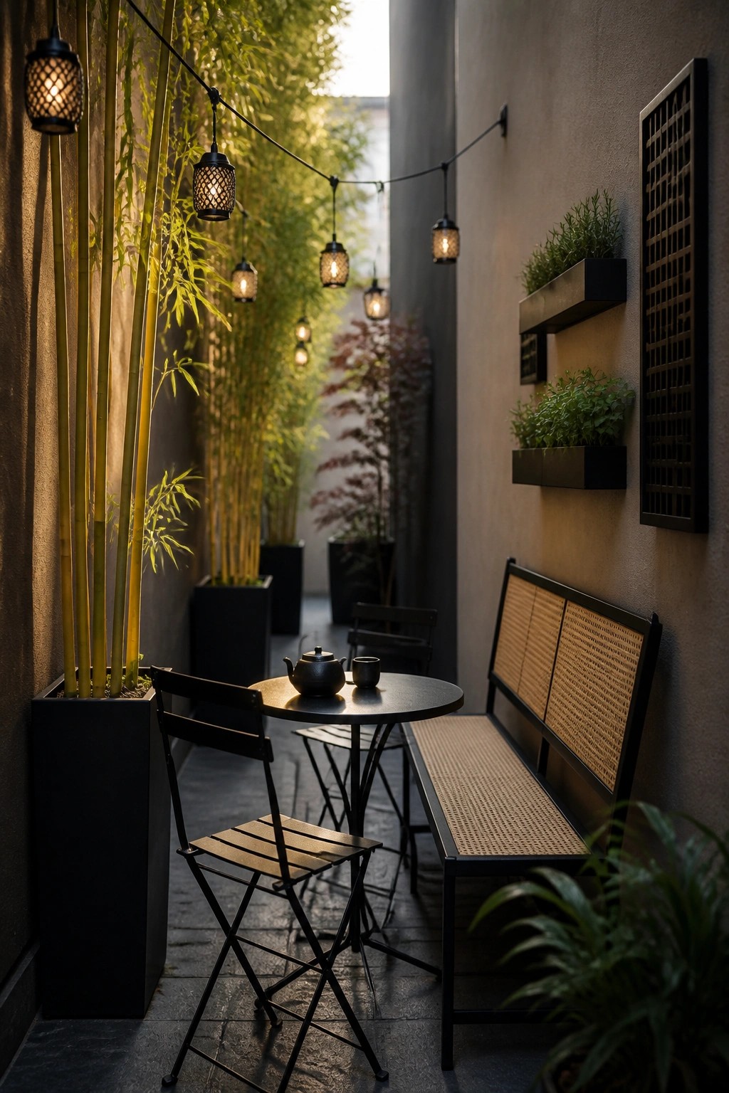 A narrow outdoor patio space with a long bench against one wall, a round table with two chairs, potted bamboo plants, and string lights overhead.