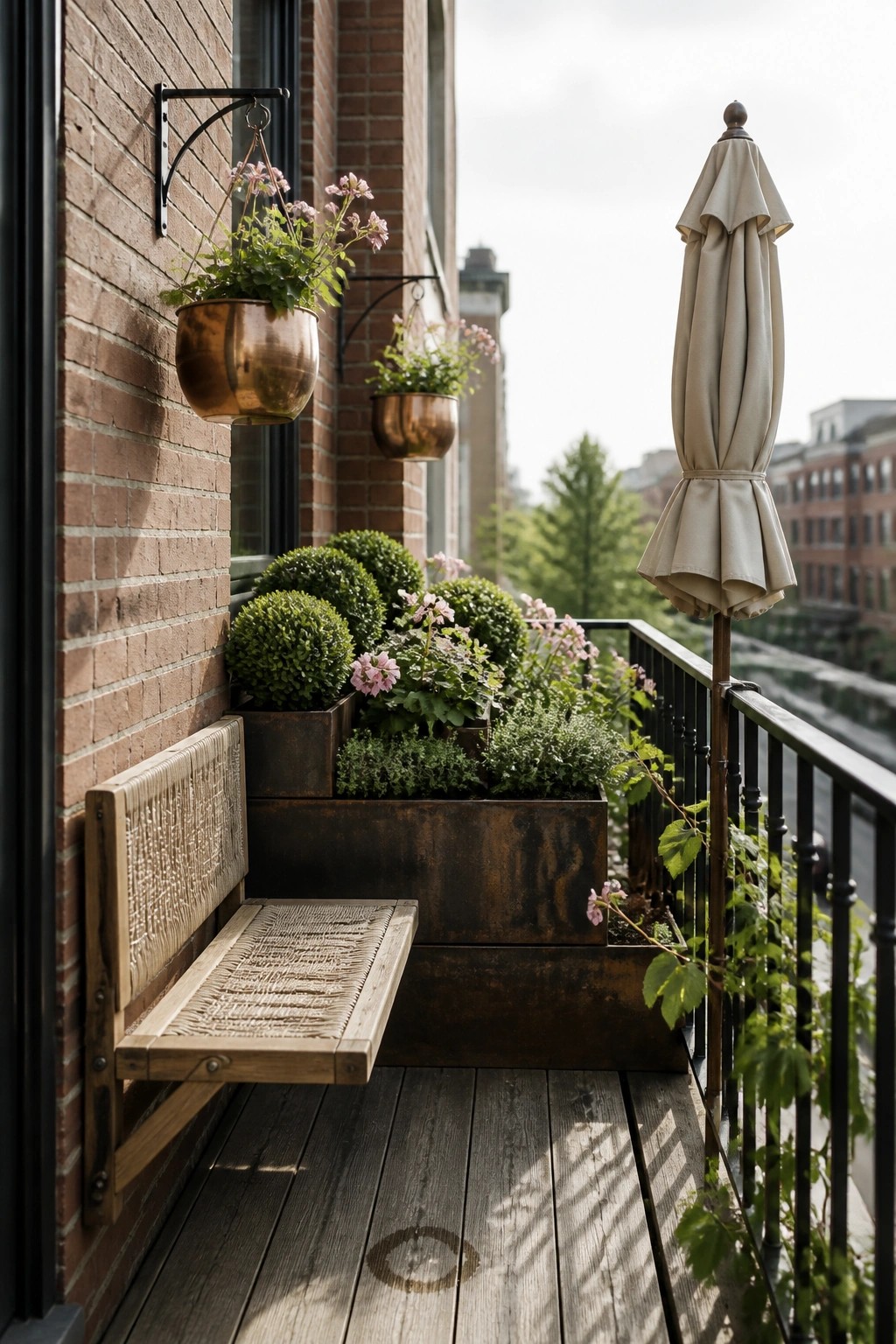 A wooden bench mounted to a brick wall beside large metal planters on a narrow balcony deck with a closed umbrella nearby.