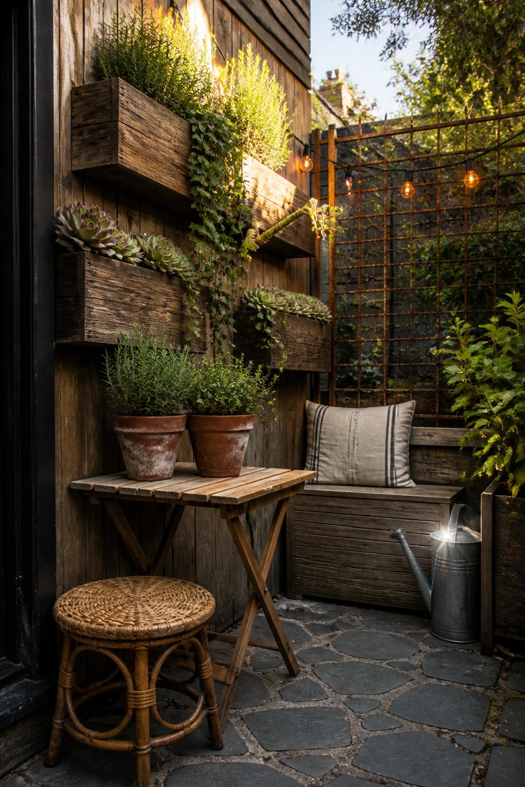 A compact outdoor patio corner features several wooden planters mounted on a weathered wood wall holding succulents and vines, with a small folding table, woven stool, built-in bench, and string lights.