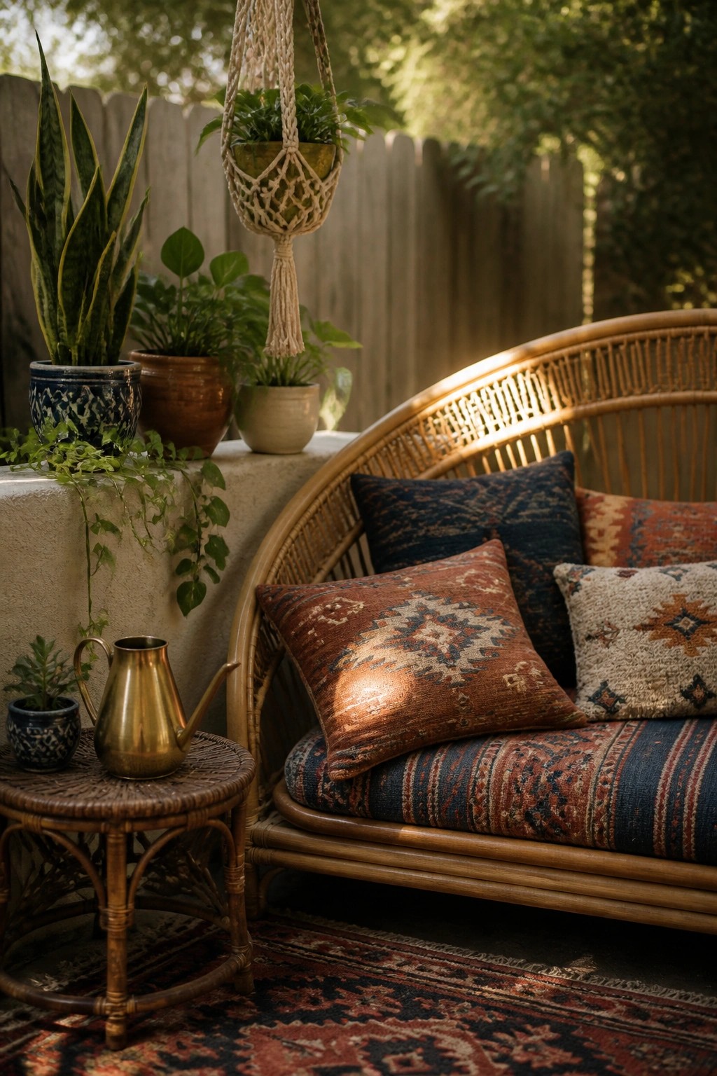 A rattan daybed with patterned cushions and pillows sits on a small patio next to potted plants and a woven side table.