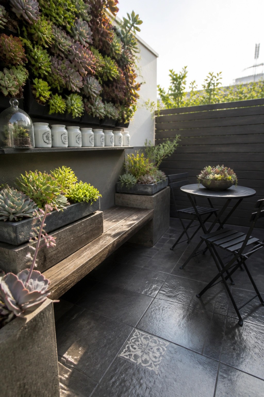 A compact outdoor patio features a large vertical succulent wall, concrete and wood planters, a built-in bench, and a small black table with chairs on dark tiled flooring.