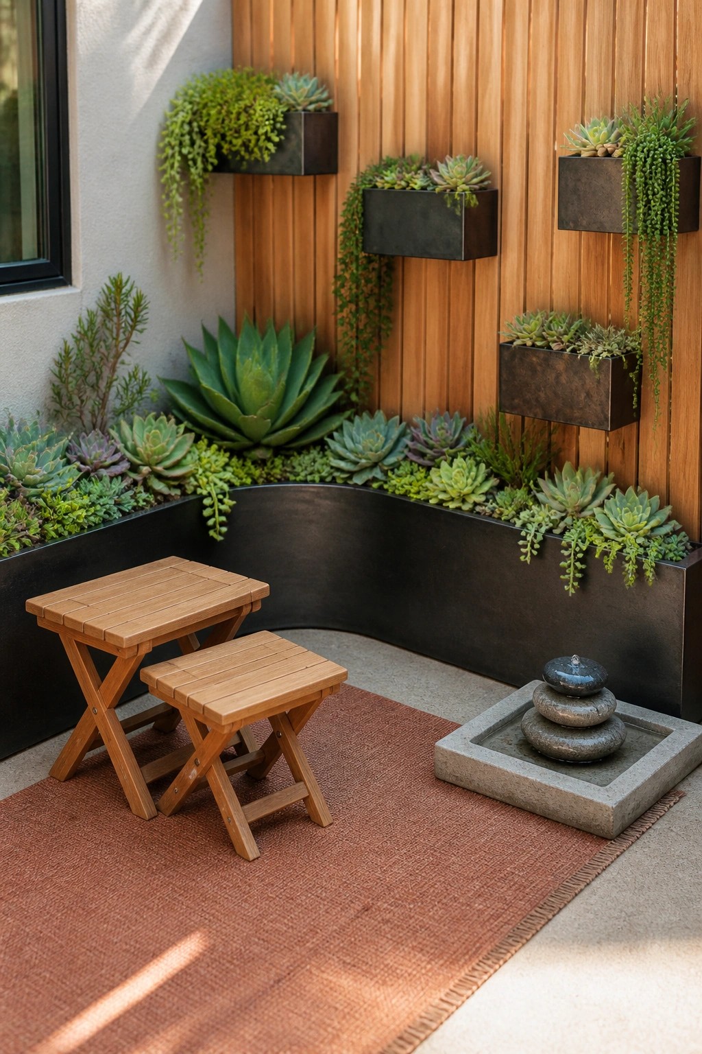 A compact outdoor corner patio with wooden folding table and stool on a terracotta rug, wall-mounted metal planters holding succulents, a curved raised bed, and a small stone water feature.