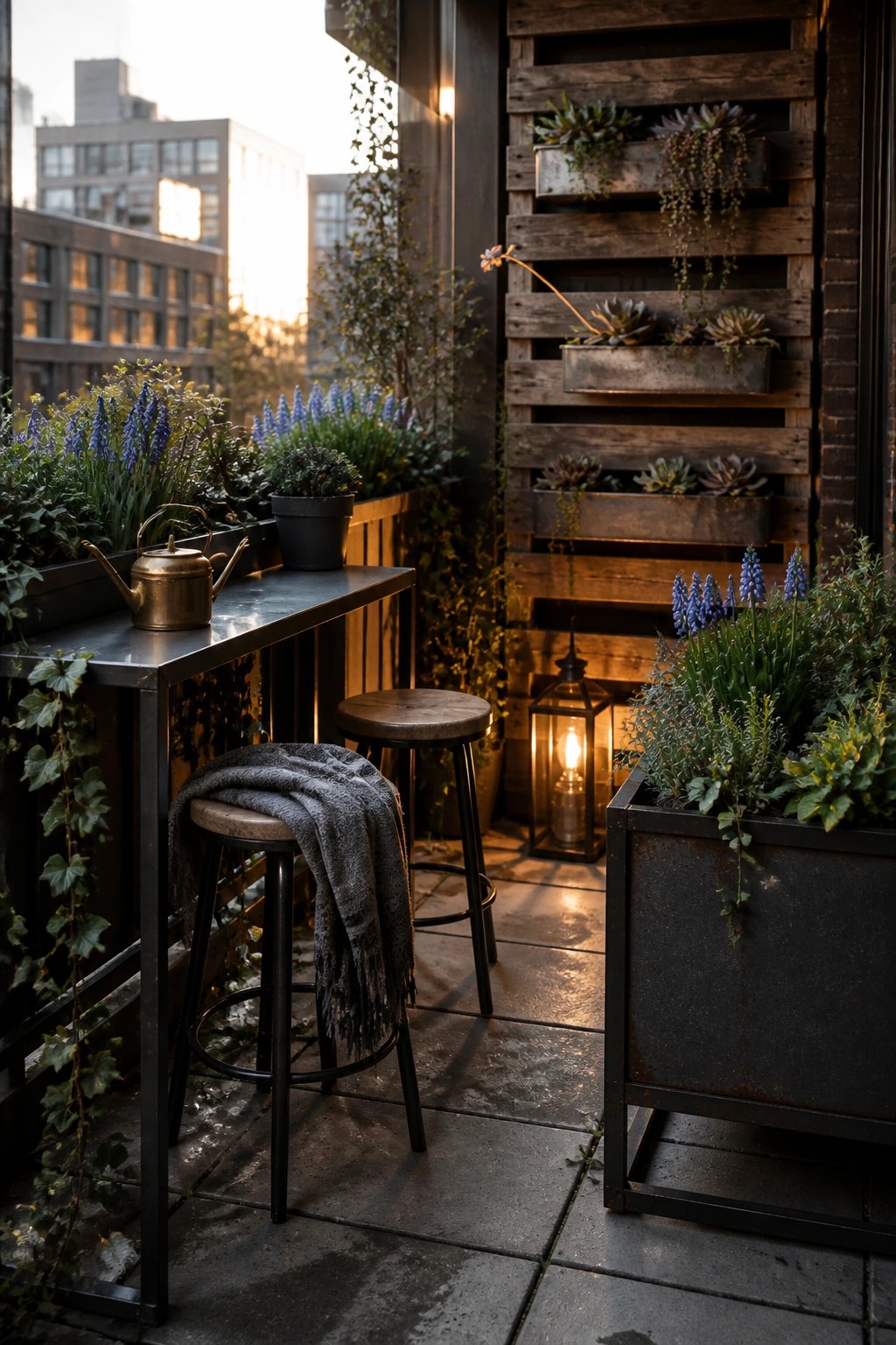 Urban balcony at dusk with plants, stools, metal table, lantern, and city view