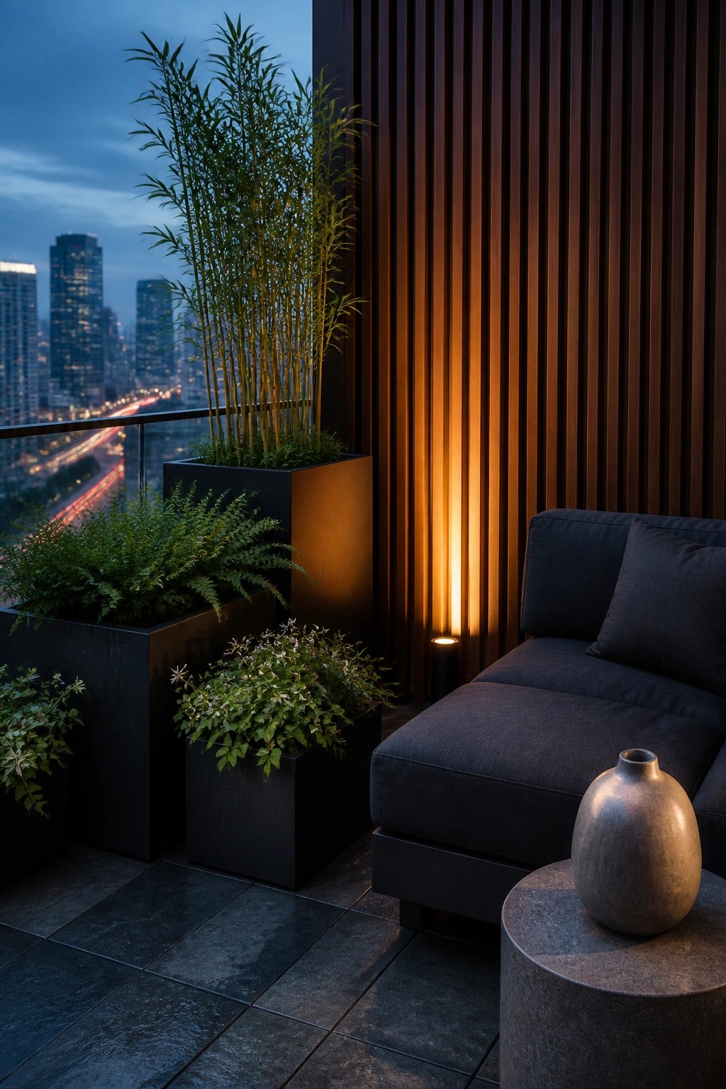 A balcony at dusk shows layered green plants in black square planters, a dark sofa, a round concrete table with a vase, and a vertical glowing light on a wood slat wall.