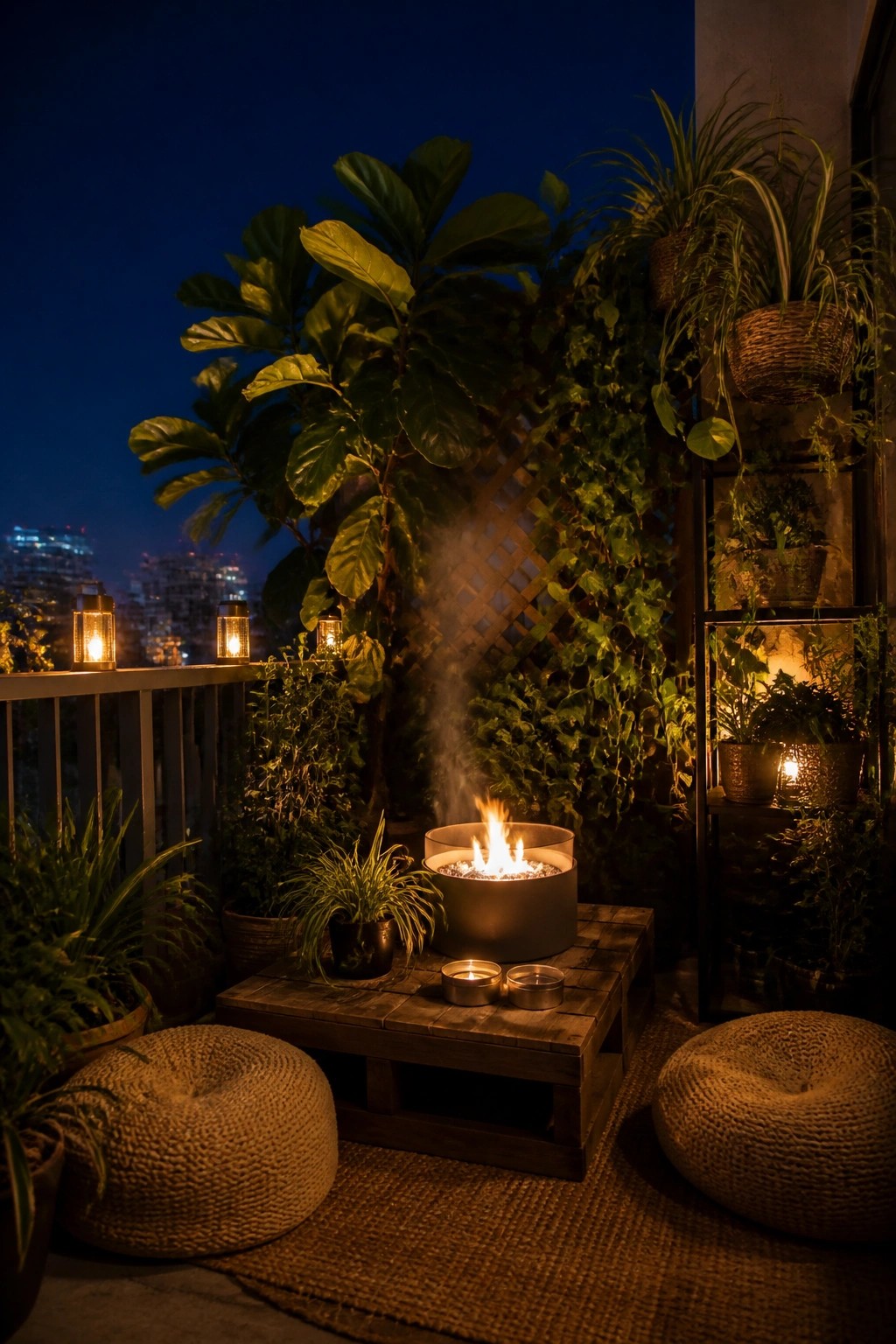 A nighttime balcony scene shows a round fire pit on a low wooden table, two woven poufs on a rug, and many layered potted plants with small lanterns along the railing.