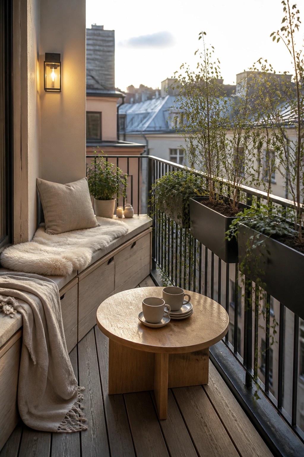 A balcony with a built-in wooden bench topped with a cushion and throw, a round wooden table with two cups, a wall lantern, and rectangular planters with young trees and trailing plants along the railing.