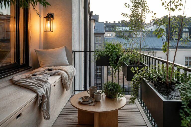 A balcony with a built-in wooden bench topped with a cushion and throw, a round wooden table with two cups, a wall lantern, and rectangular planters with young trees and trailing plants along the railing.