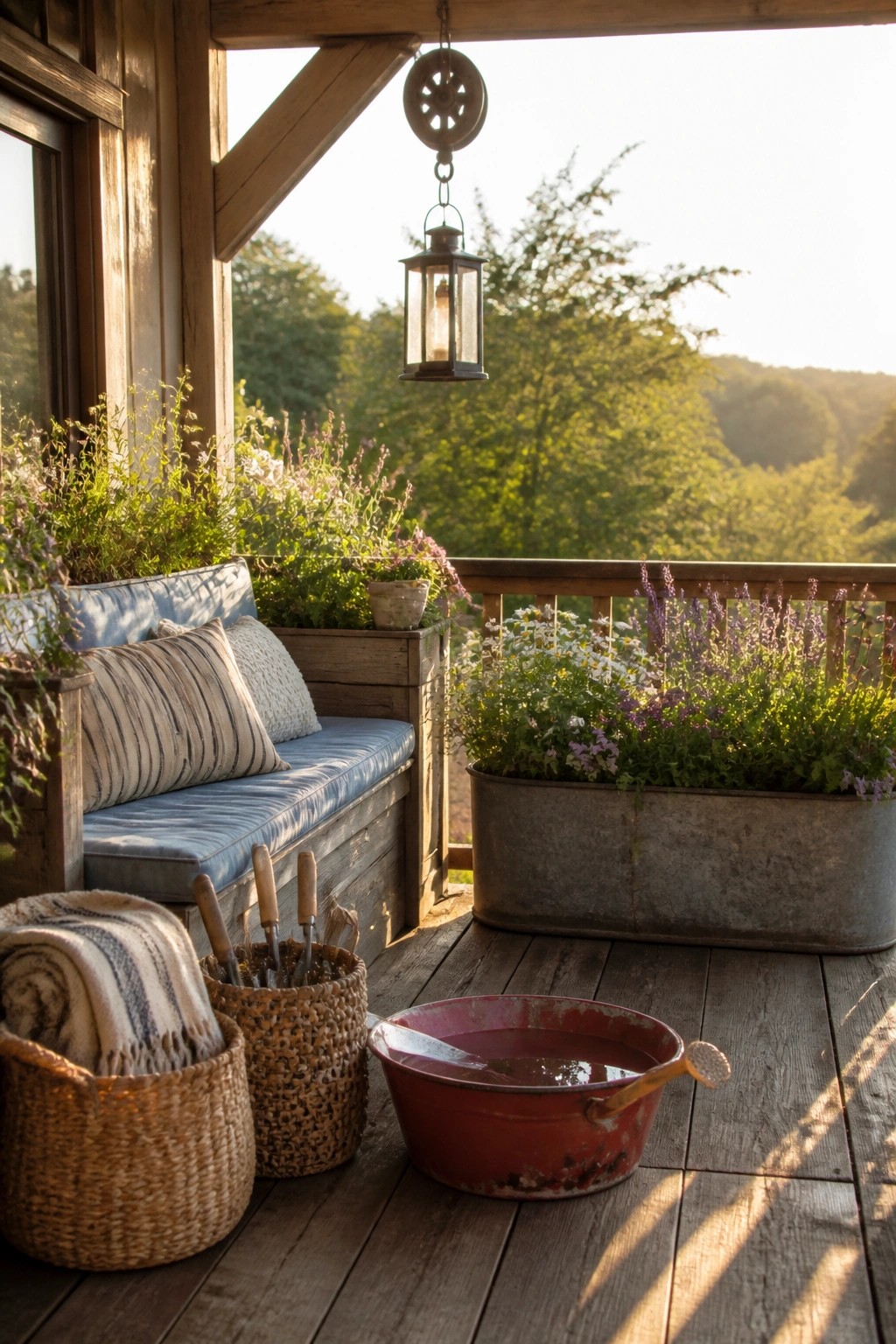 A wooden porch features a blue cushioned bench, layered potted plants in various containers, a hanging lantern, and woven baskets with gardening tools.