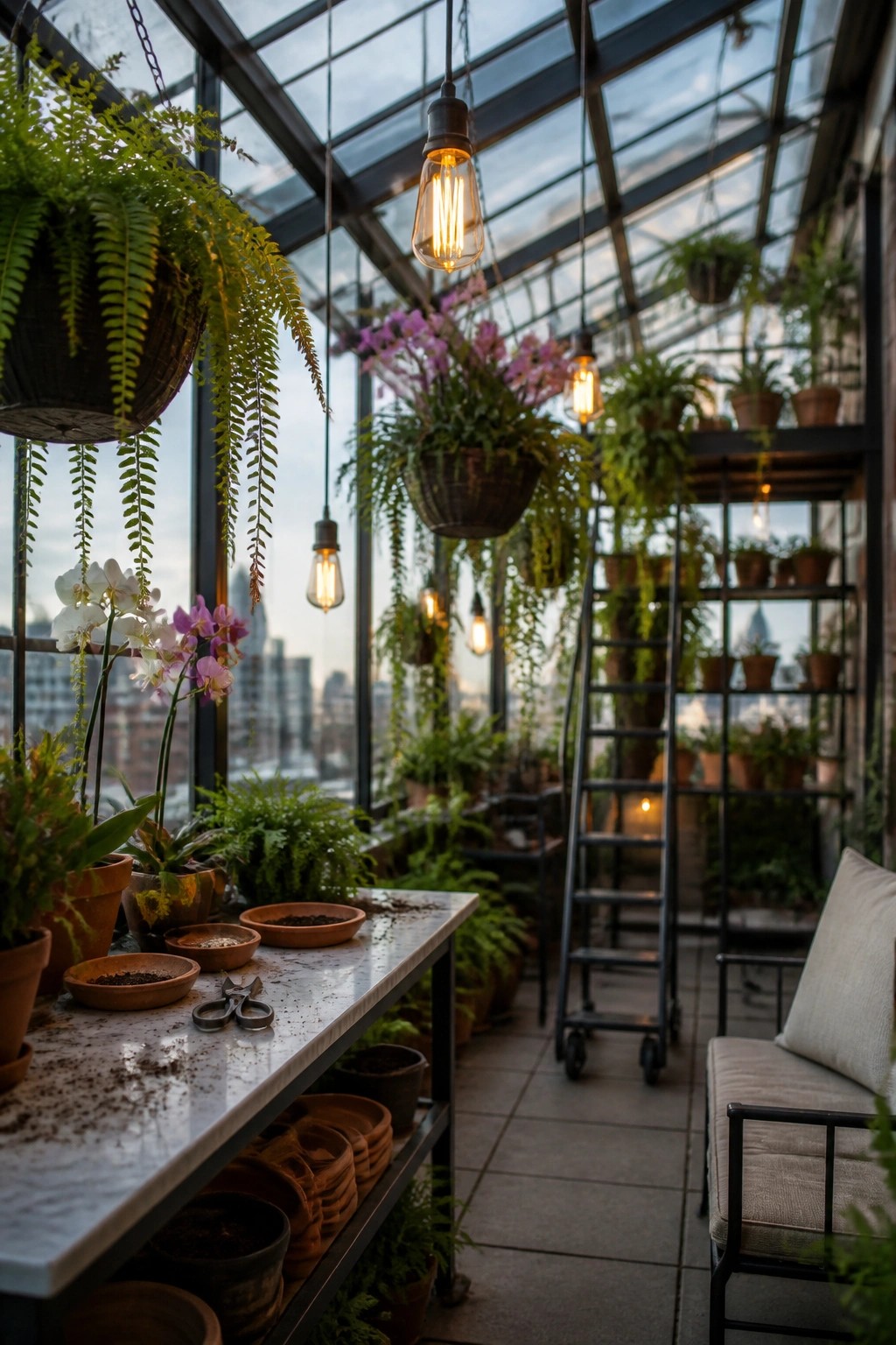 A glass-enclosed balcony garden with multiple hanging pendant lights mixed among ferns, orchids, and potted plants, plus a marble-topped work table and a cushioned chair.