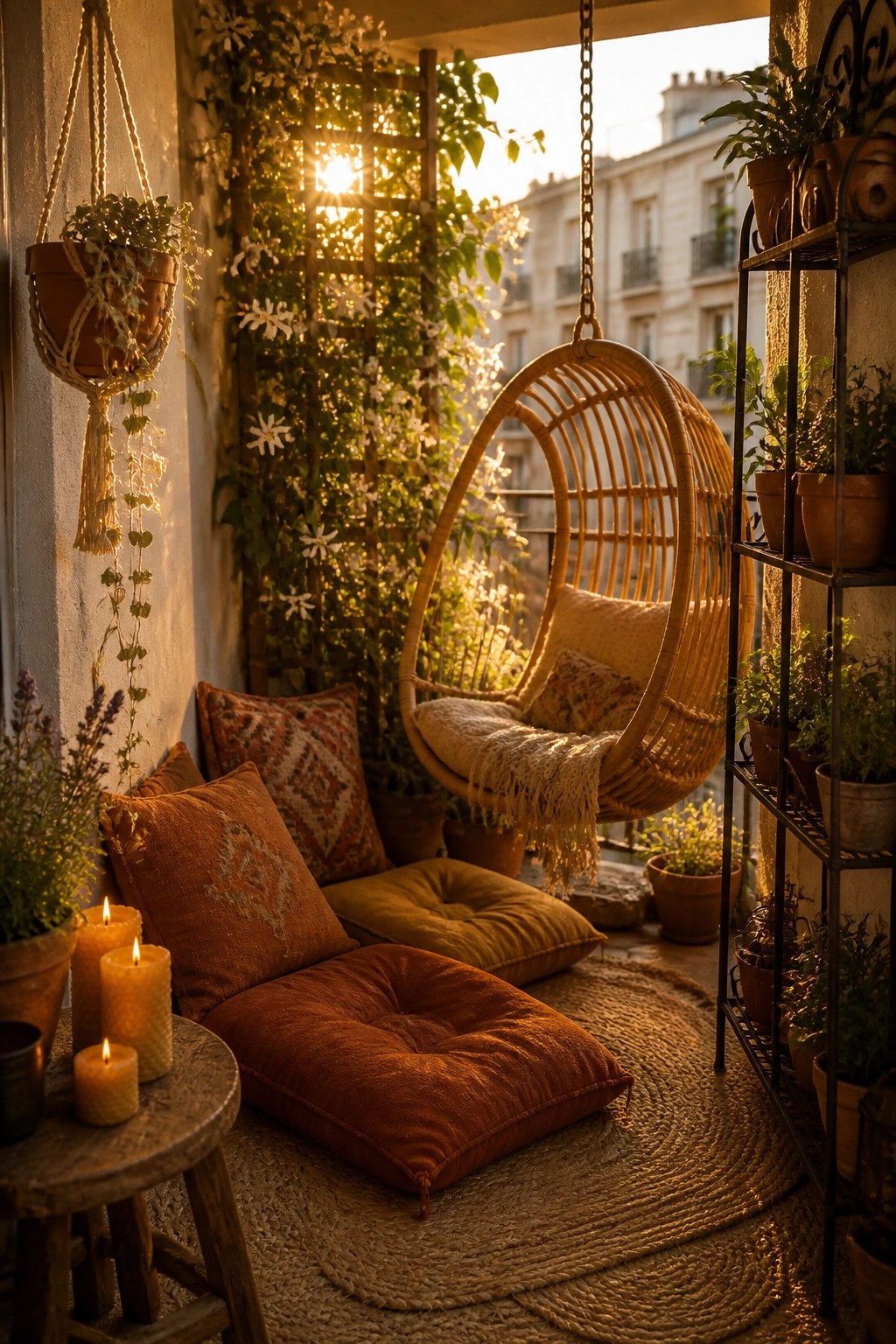 A small balcony with a hanging wicker chair, orange floor cushions, potted plants on shelves, hanging planters, and several lit candles on a wooden stool.