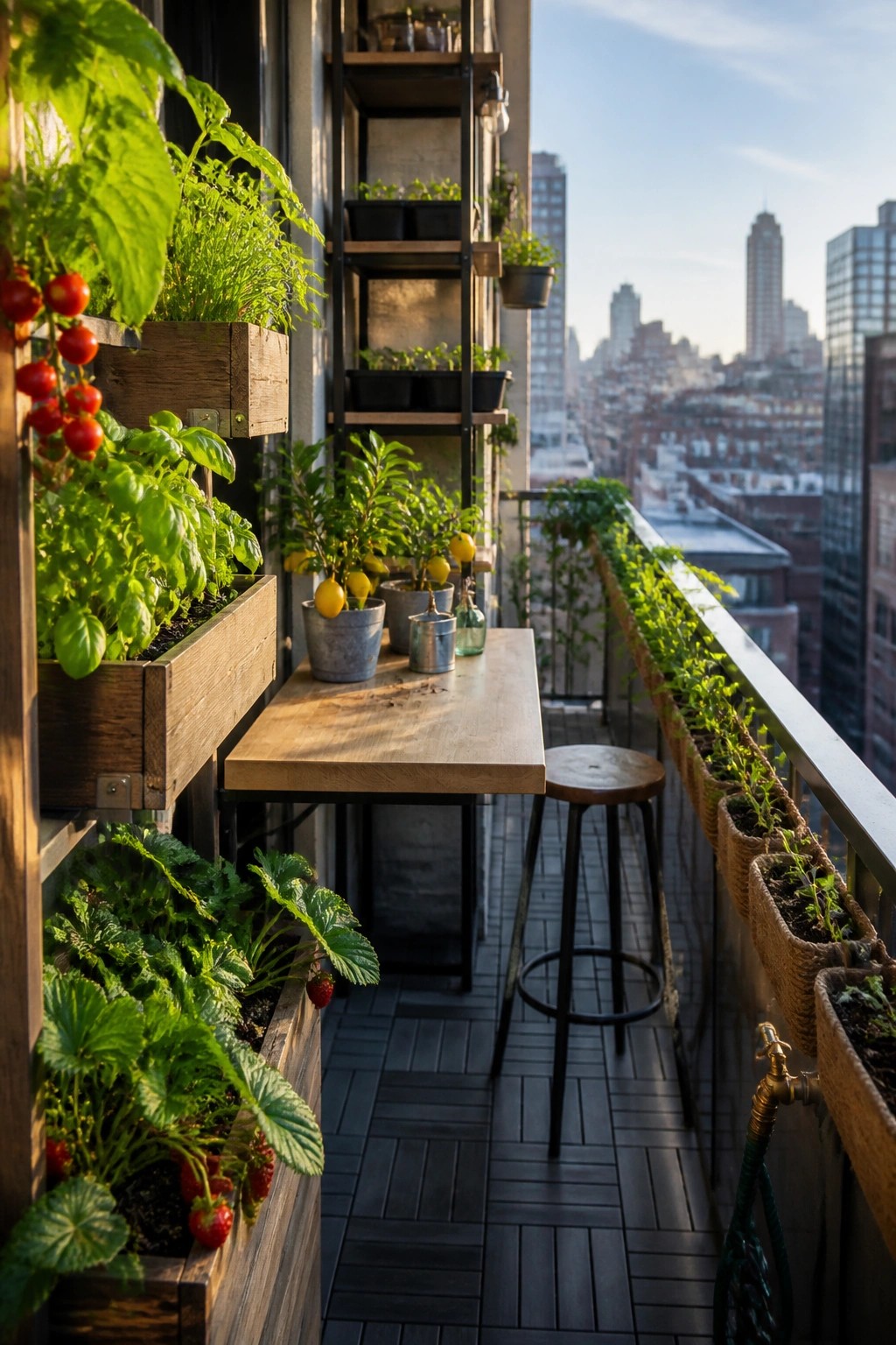 A narrow city balcony with wooden and metal planters mounted on walls and railing, holding tomatoes, herbs, strawberries, and lemon trees, plus a wooden table and stool.