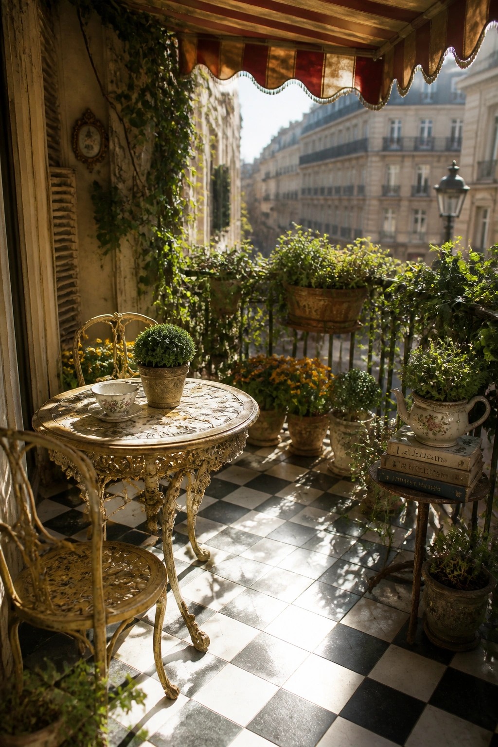 A small balcony with black and white checkered tile, an ornate metal table and chairs, and numerous potted plants arranged at different heights along the railing and floor.