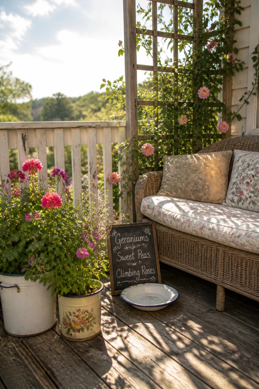 A wooden balcony features a wicker sofa with cushions, several potted flowering plants in enamel containers, a chalkboard sign listing plant names, and climbing roses on a trellis.