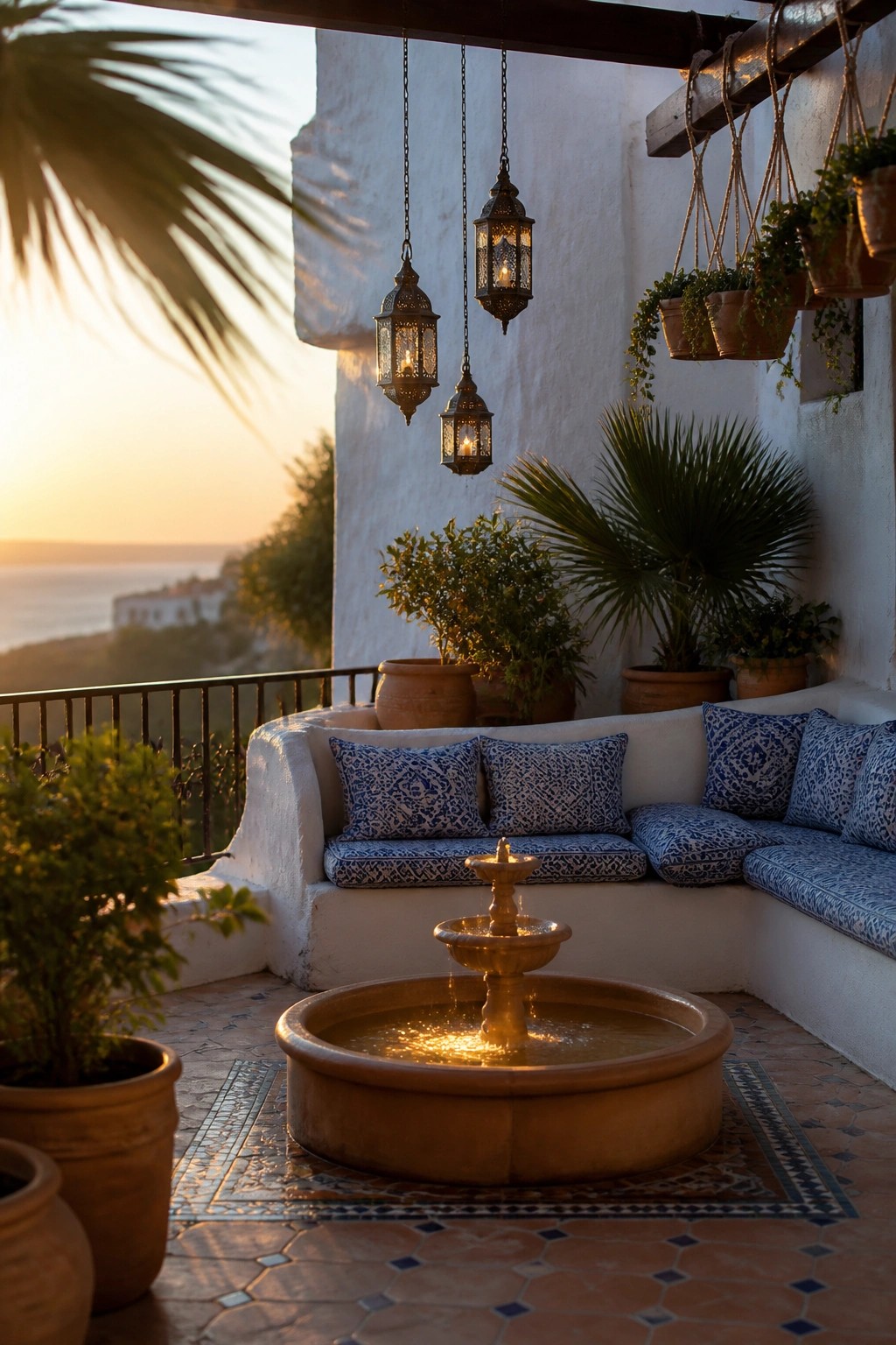 A white-walled balcony at sunset with built-in cushioned seating, blue patterned pillows, terracotta pots of various plants, hanging planters, ornate metal lanterns, and a small central fountain on tiled flooring.