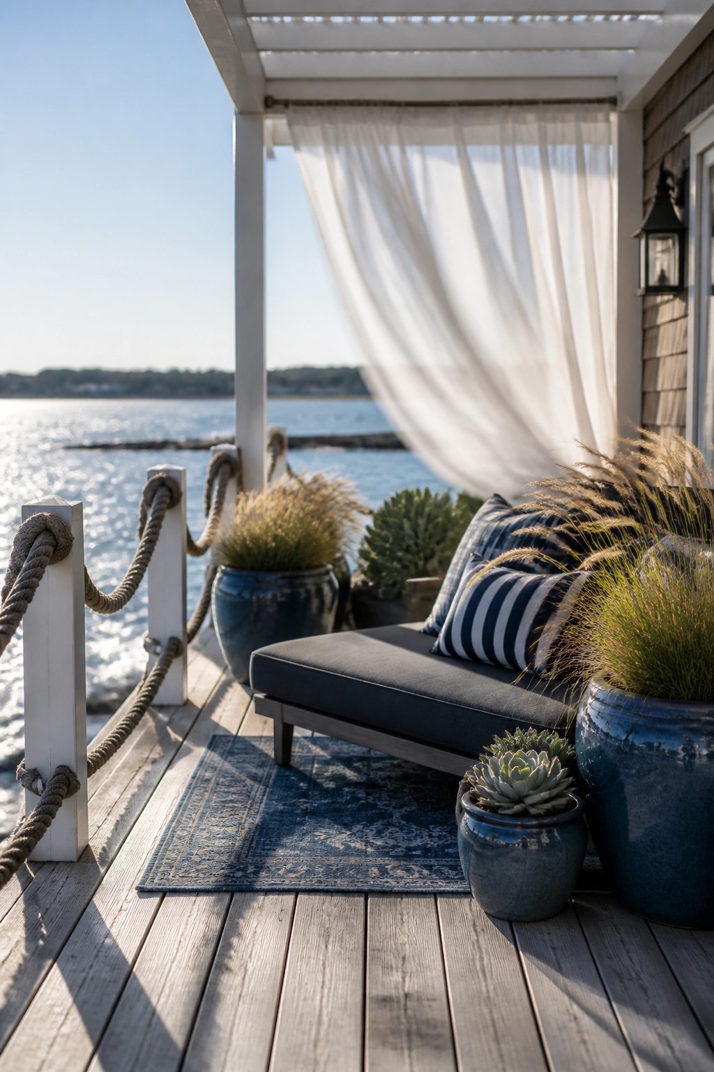 Gray chaise with striped pillows on deck rug, blue planters overlooking water.