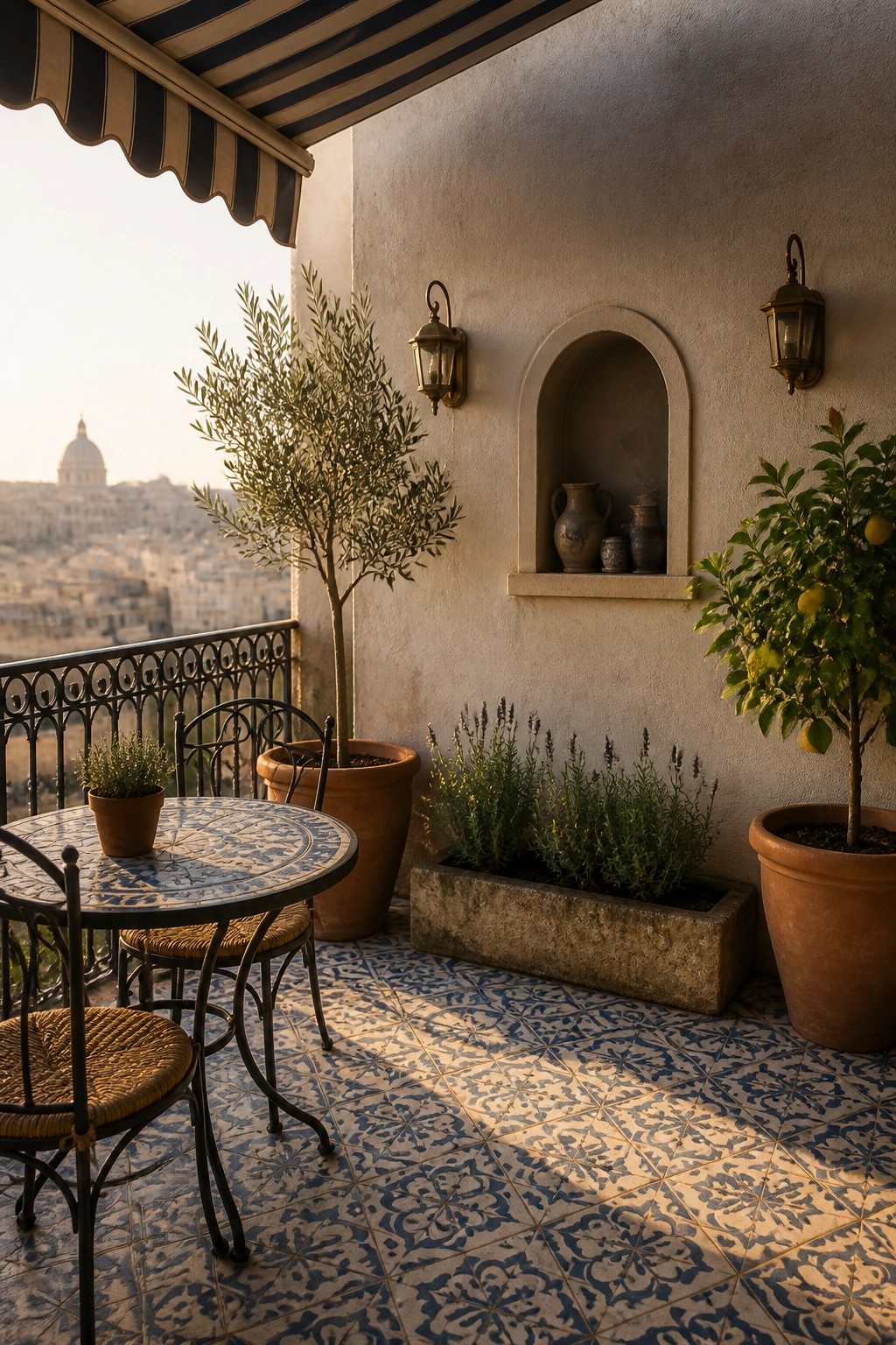 A balcony with blue and white patterned tile floor, a round table with two chairs, multiple terracotta pots holding an olive tree, lavender, and a lemon tree, plus a wall niche with pottery and two lanterns.